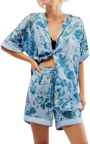 Women Silk Pajamas Floral Satin Pajama Set Short Sleeve Shirts and Shorts 2 Piece Pjs Summer Loun... | Amazon (US)