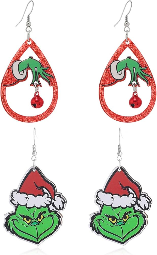 2 Pairs Christmas Green Monster Dangle Drop Earrings for Women, Acrylic Transparent Double-Sided ... | Amazon (US)
