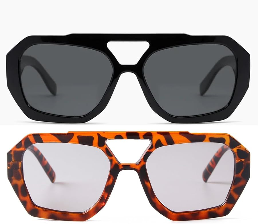 ADE WU Trendy Designer Hexagon Aviator Sunglasses for Women Thick Frame Double Bridge Geometric S... | Amazon (US)