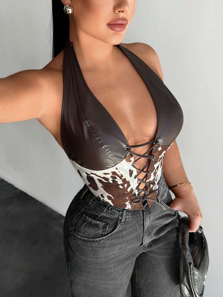 SHEIN SXY Leather Patchwork Animal Print Sexy Top,Brown,Boho,Western,Cow ,Streetwear,Concert,Tank Top, Cow Print Top, Halter Top, Sexy Tops For Club, Tops For Women Sexy, Lace Up Top | SHEIN