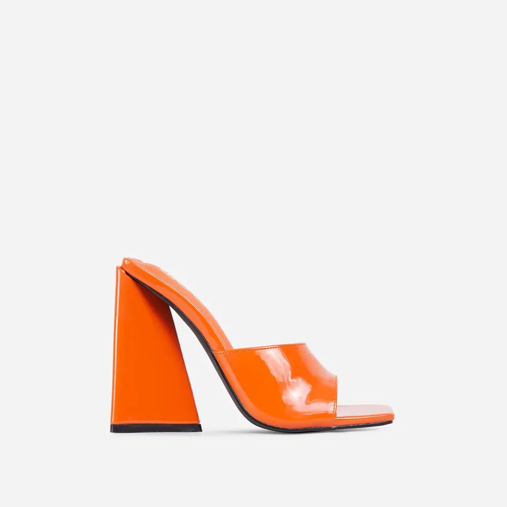 Avalon Square Peep Toe Sculptured Flared Block Heel Mule In Orange Patent | EGO Shoes (US & Canada)