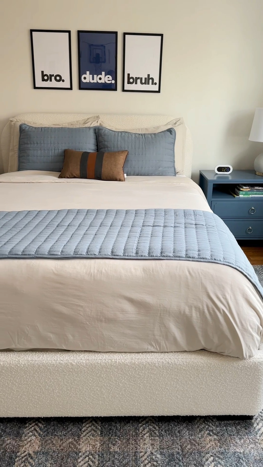 Budget friendly tween boy bedroom makeover! This affordable bed is such high quality (and so cozy with the boucle fabric!), the bedding is all Amazon and super soft! The nightstands are my favorite - the dark blue ties in so well with all the other touches of blue, including the art over his dresser. 

#LTKKids #LTKFamily #LTKHome