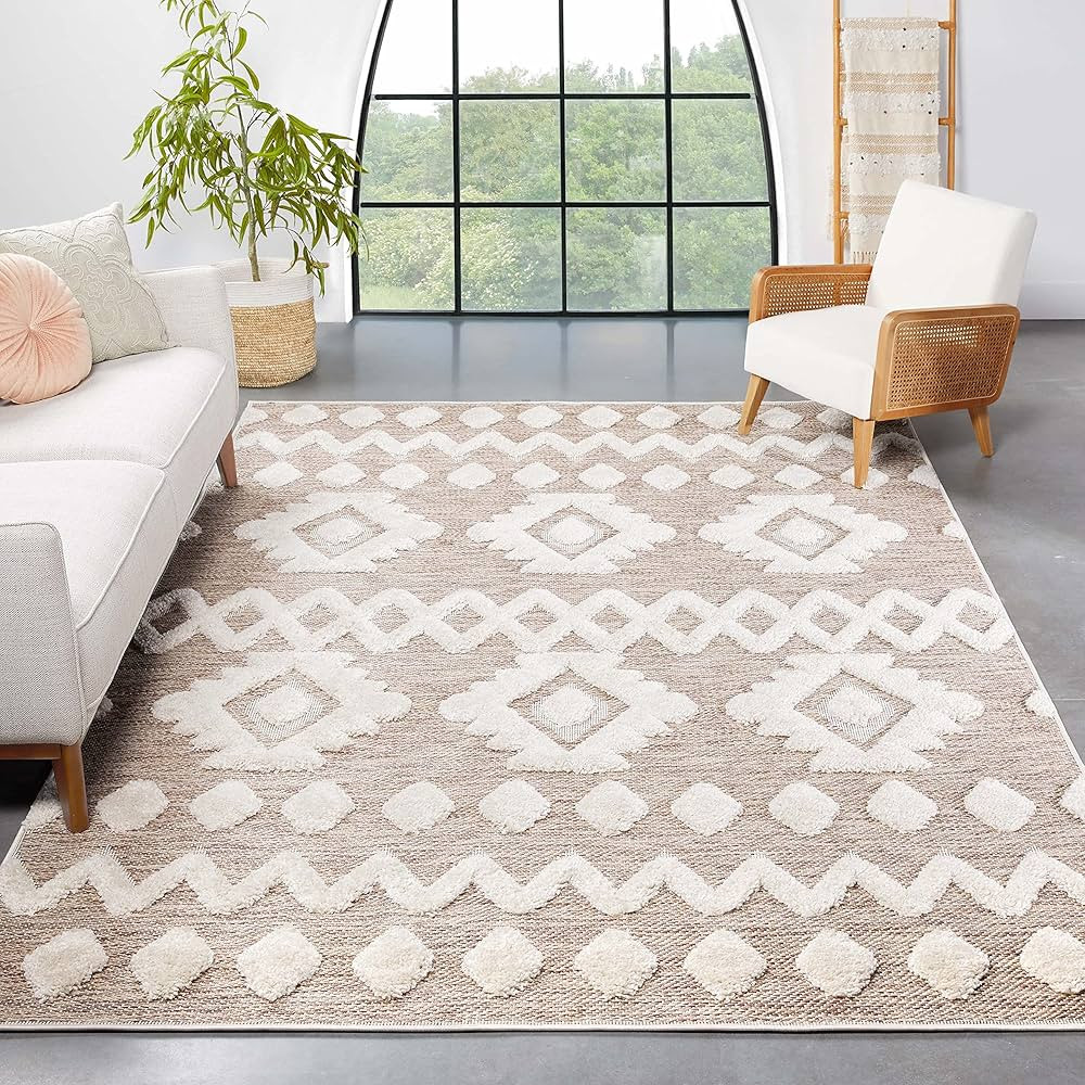 Well Woven Cenar Beige Flat-Weave Hi-Low Pile Diamond Medallion Stripes Moroccan Tribal Area Rug ... | Amazon (US)