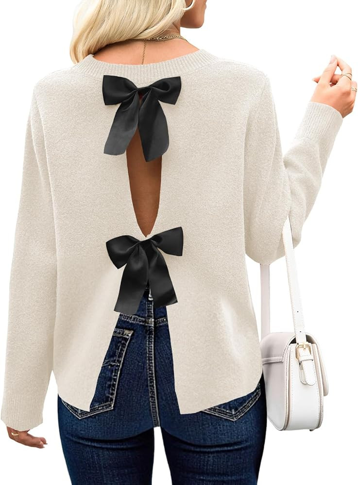 Saodimallsu Womens Bow Sweater Open Back Long Sleeve Going Out Tops Crew Neck Knit Split Fall Tre... | Amazon (US)