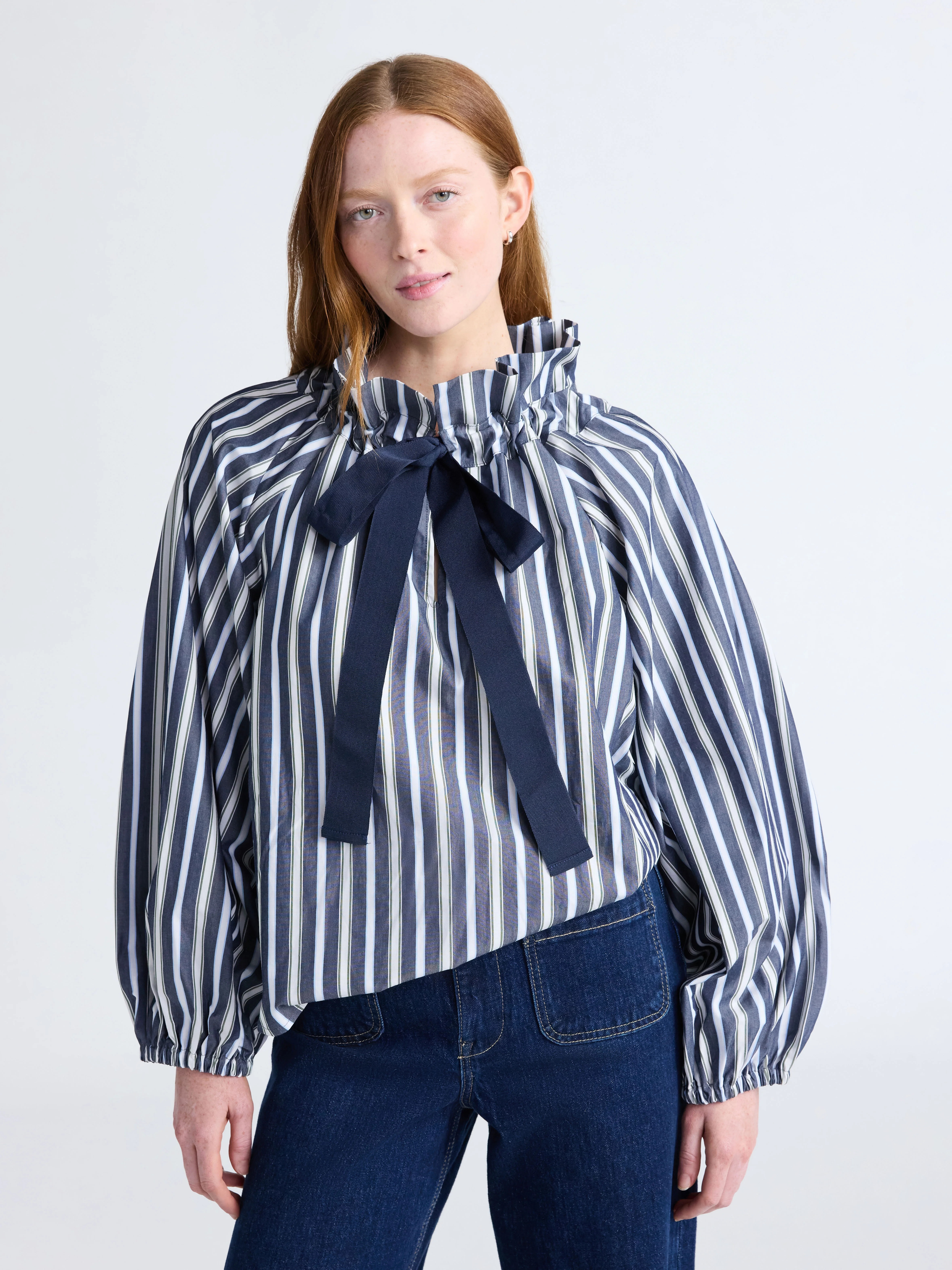 Free Assembly Women's and Women's Plus Size Ruffle Neck Cotton Top with Long Sleeves, XS-4X | Walmart (US)