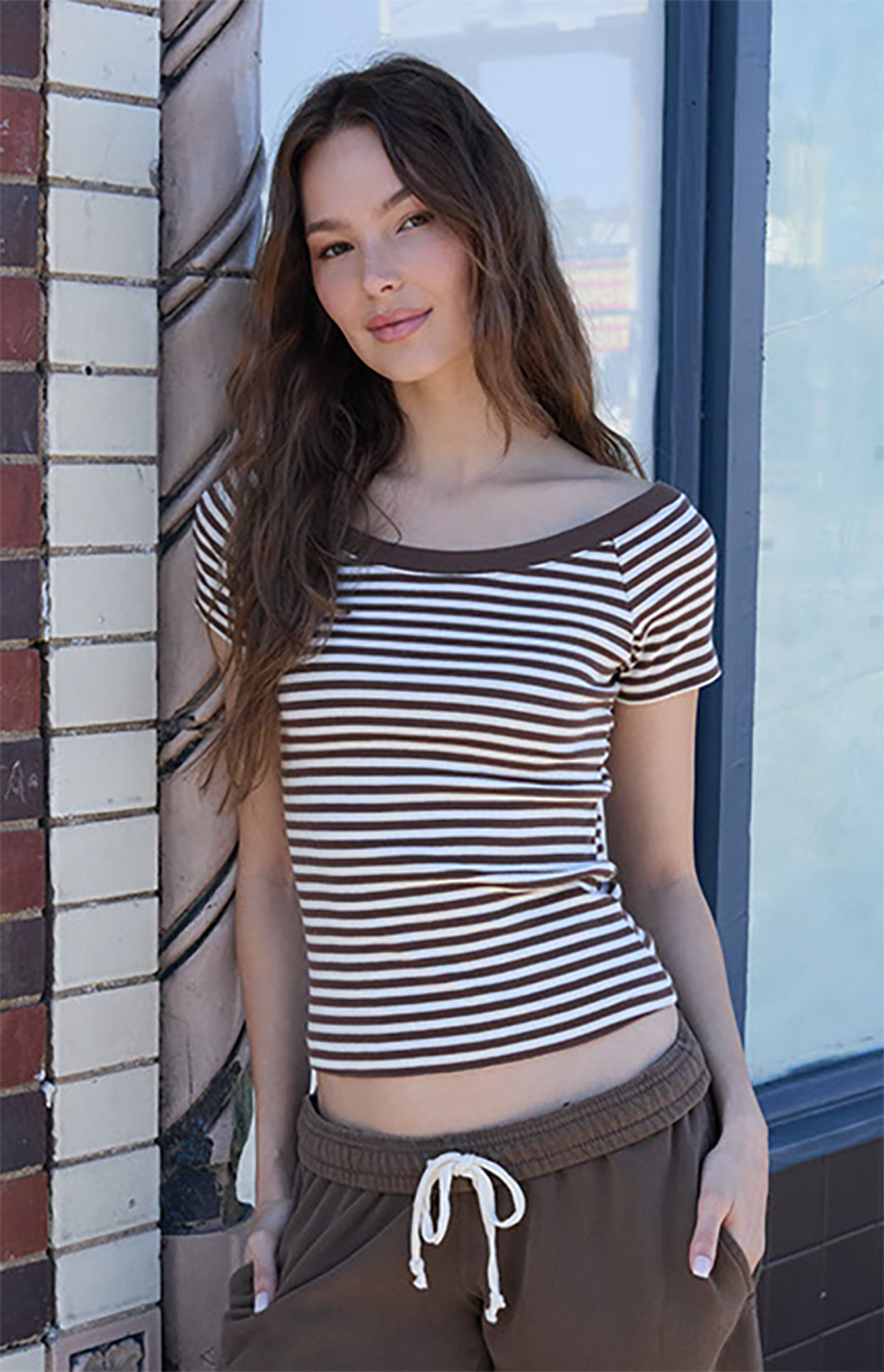 John Galt Brown & White Striped Ginny Off-The-Shoulder Top | PacSun