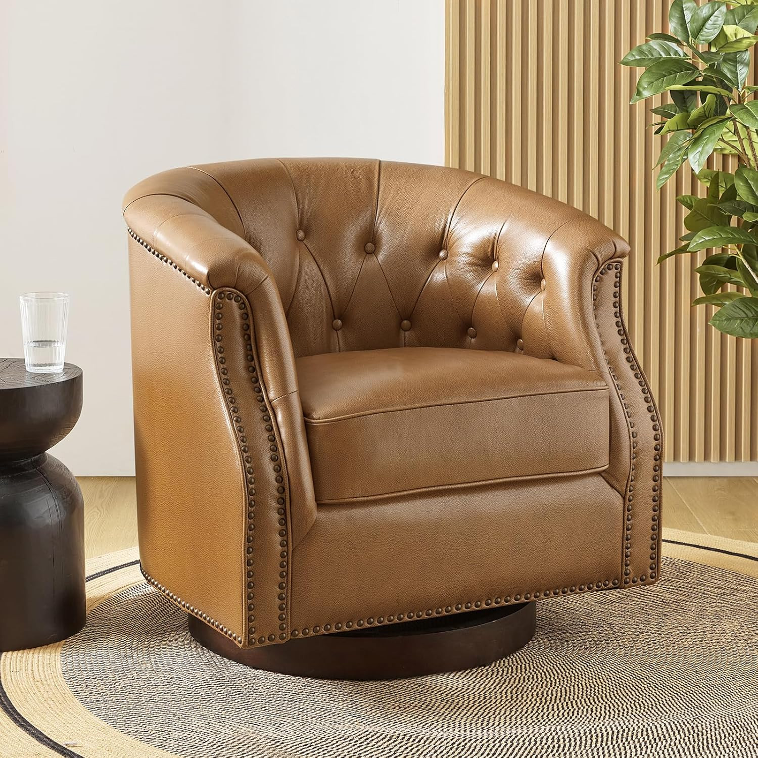 HULALA HOME Genuine Leather Swivel Accent Chair, Swivel Rocker Barrel Chair, Traditional Chesterf... | Amazon (US)