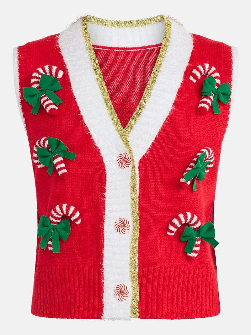 No Boundaries V-Neck Button Front Christmas Vest, Women’s | Walmart (US)