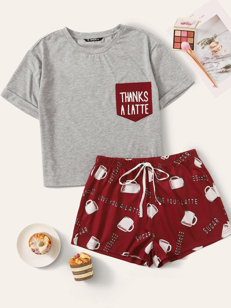 Rolled Cuff Slogan Graphic Top & Allover Print Shorts PJ Set | SHEIN