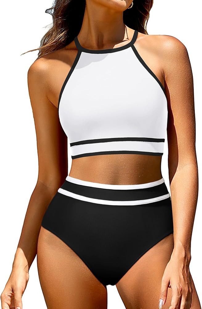 Tempt Me Women's High Waisted Bikini Sets Sporty Two Piece Swimsuit Color Block High Neck Bathing... | Amazon (US)