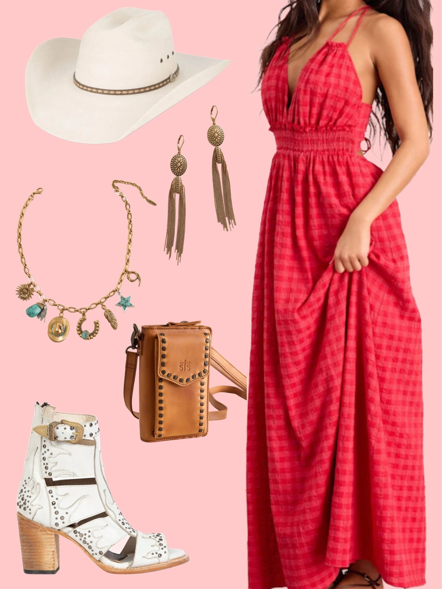 Red maxi paired with white cowgirl hat, leather western heels, and gold & turquoise accessories! Love this entire look!

#LTKootd #LTKgrwm #LTKSeasonal