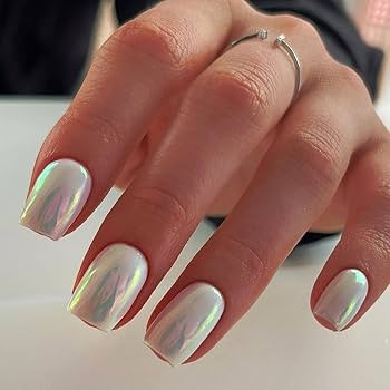 Aurora White Chrome Press on Nails Short Square,Mirror Effect Chrome Nails Press ons,Cute Gel Glu... | Amazon (US)