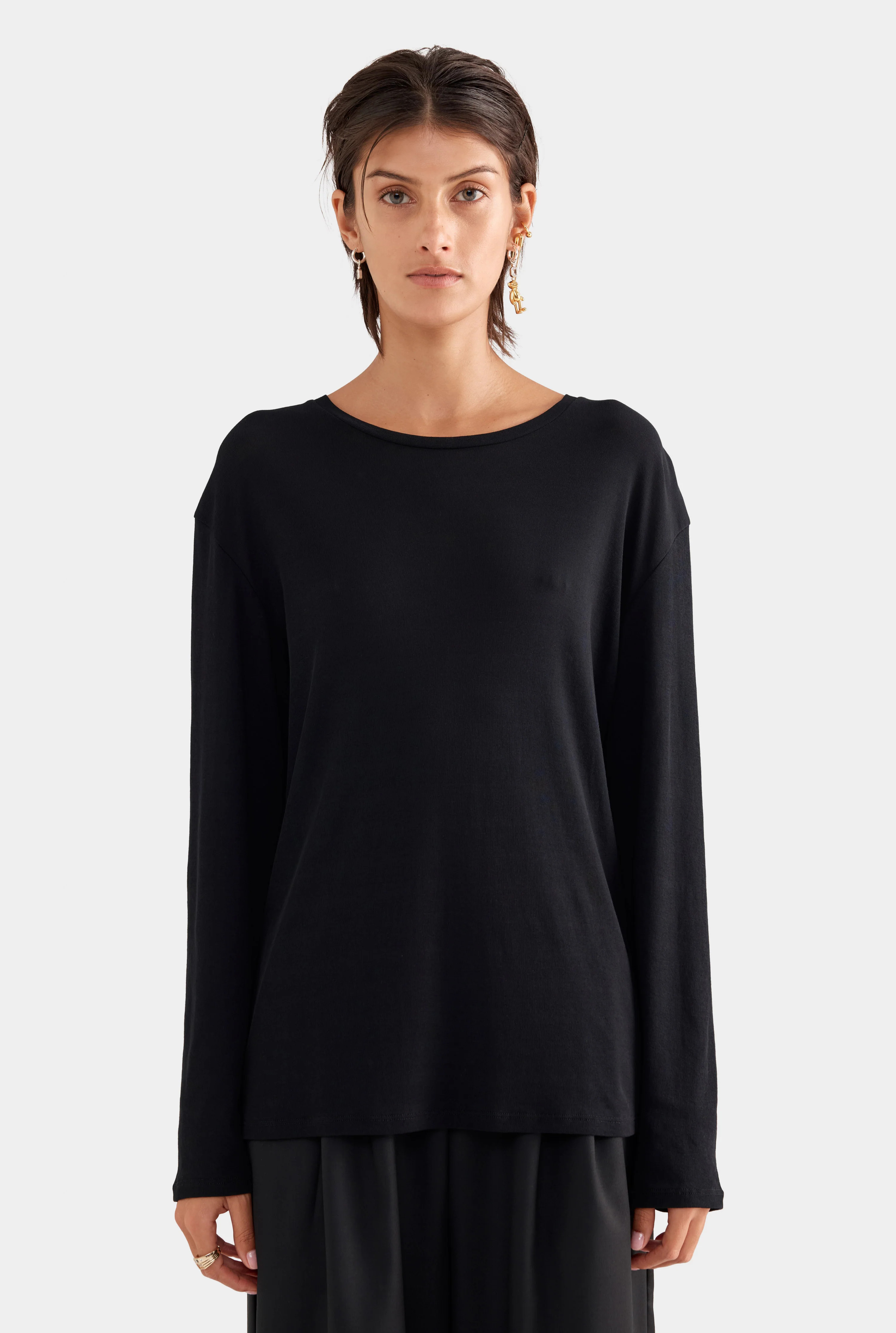 Womens Long Sleeve Lightweight Cotton Tee in Black | Venroy | Venroy AU
