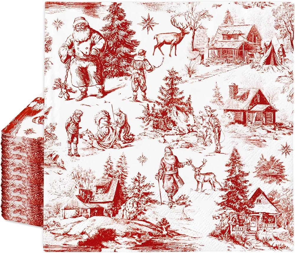 100Pcs Christmas Paper Napkins Brownish Red Toile de Jouy Pattern Disposable Napkin Luncheon Dinn... | Amazon (US)
