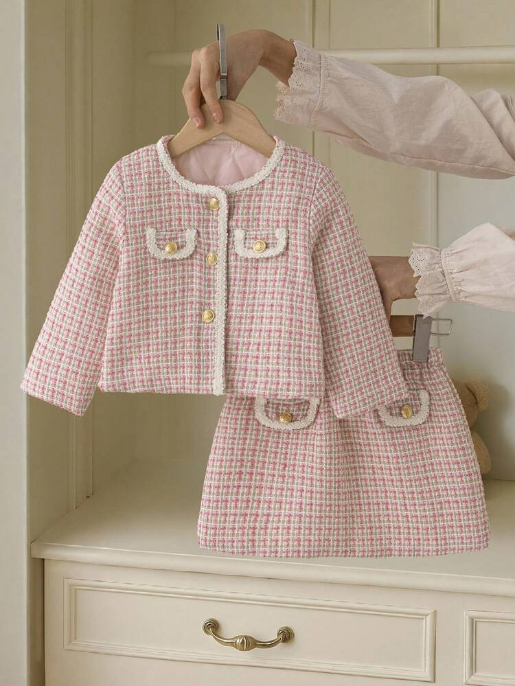 Souflis Souflis 2 Pieces Set: Elegant Vintage French Style Christmas Jacket & Skirt Outfit For Baby Girl, Suitable For Party, Gathering And Other Occasions, Autumn/Winter 2025 | SHEIN