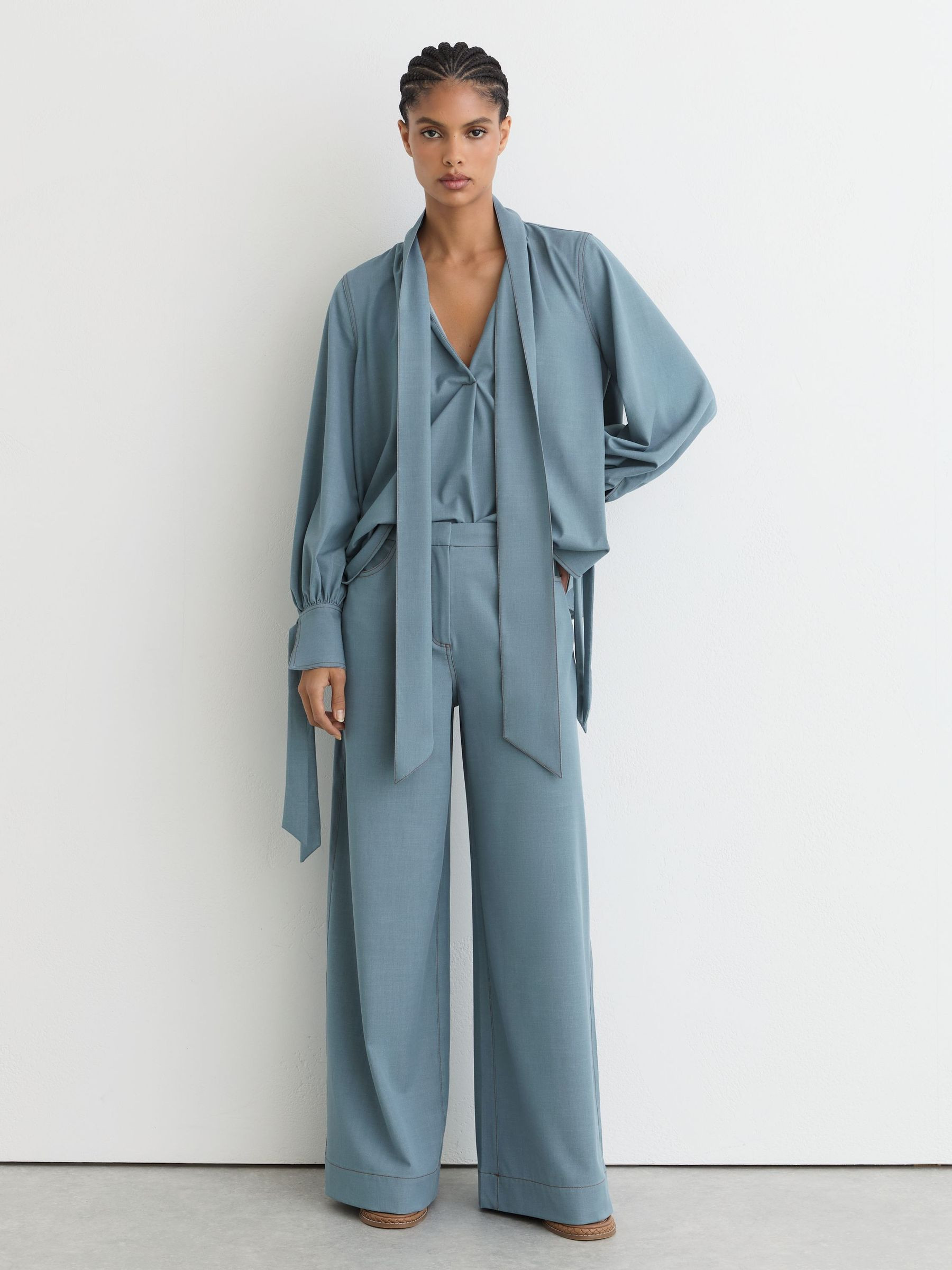 Reiss Denim-Look Tie-Neck Blouse in Light Blue - REISS | Reiss UK