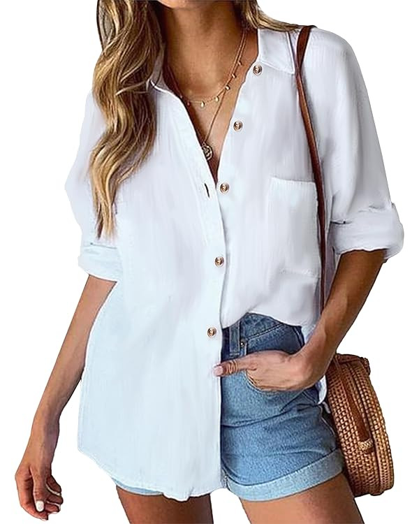 HOTOUCH Womens Linen Button Down Shirt Casual Long Sleeve Cotton Blouse Loose Fit Collared Work G... | Amazon (US)