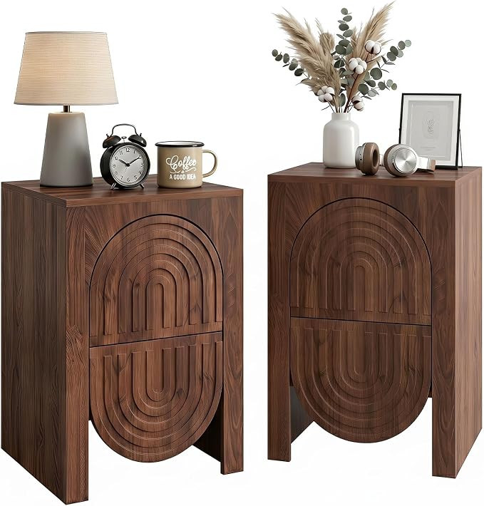 Dark Walnut Nightstand Set of 2, Mid-Century Modern Nightstand with 2 Drawers, Unique Nightstand ... | Amazon (US)