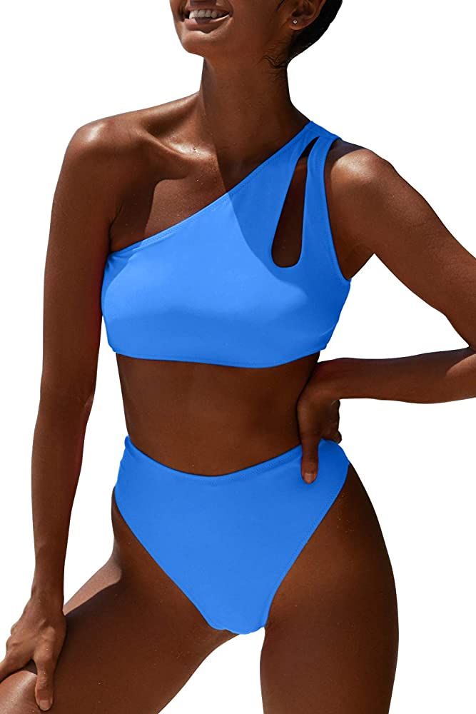 Women One Shoulder Bikini High Waisted Cutout Crop Top Swimsuit Sports Two Piece Padded Push Up H... | Amazon (US)