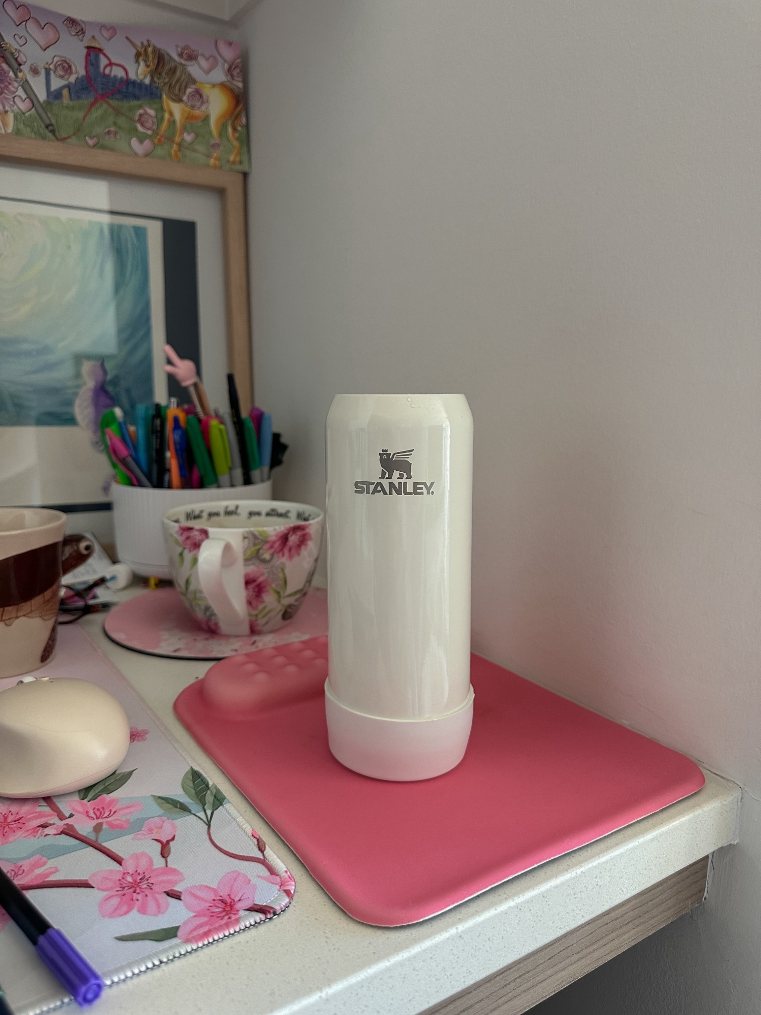 realistic snaps from my desk on a weekday 🤍🍵🫶 love this Stanley water bottle with a twist off base, so you can use it for hot drinks and cold! I got shade cream - it’e a great bottle for traveling too :)

[holiday gift ideas, christmas gifts idea for her, for him, birthday presents, easy stocking stuffer presents, best gift, colorful kawaii desk setup, pastel pink mouse pad, gamer girl accessories ]

#LTKGiftGuide #LTKTravel #LTKFindsUnder50