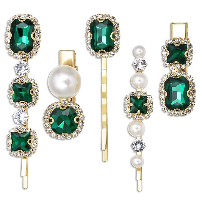 Vintage Hair Clips, Rhinestones Decorative Hair Pins, Handmade Green Crystal Pearl Hair Barrettes... | Amazon (US)