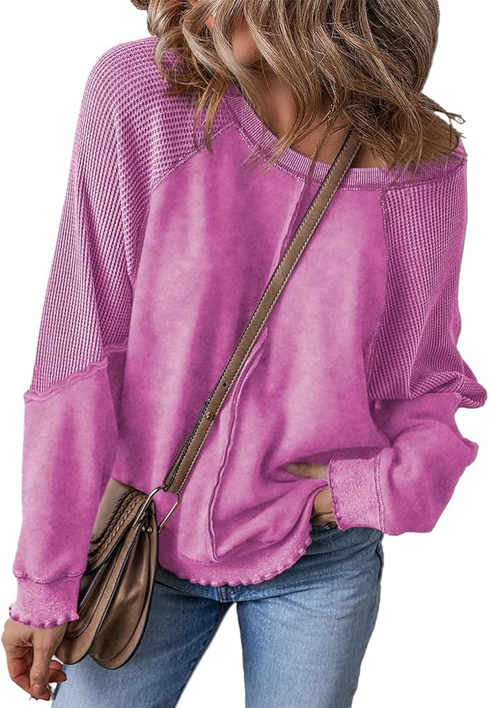 SHEWIN Womens Sweatshirt Oversized Casual Crewneck Long Sleeve Pullover Off The Shoulder Waffle K... | Amazon (US)