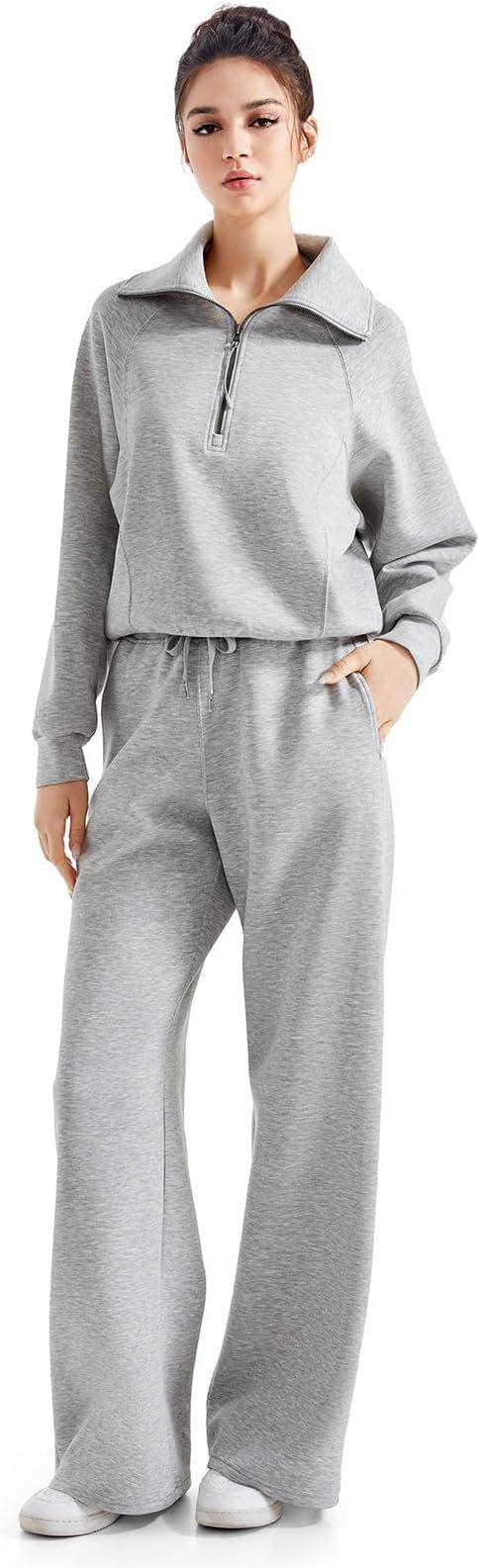 SUUKSESS Women 2 Piece Lounge Matching Set Wide Leg Sweatpant Half Zip Sweatshirt | Amazon (US)