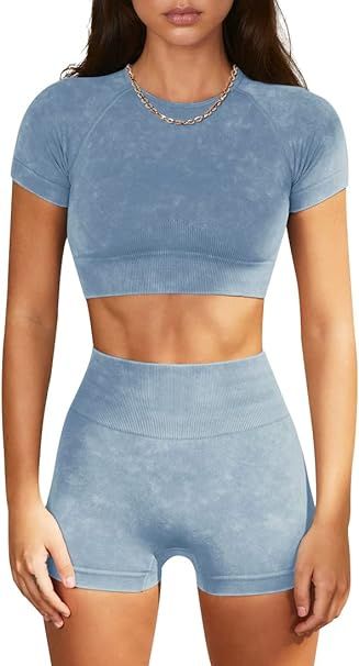 OLCHEE Womens Workout Sets 2 Piece - Seamless Acid Wash Yoga Outfits Shorts and Crop Top Matching... | Amazon (US)