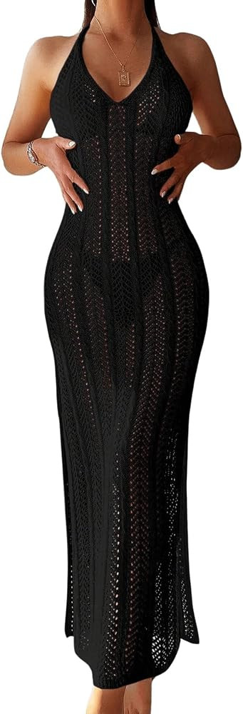 Verdusa Women's Crochet Cover Up Dress Self Tied Backless Knit Halter Dresses Swimsuit Beach Cove... | Amazon (US)