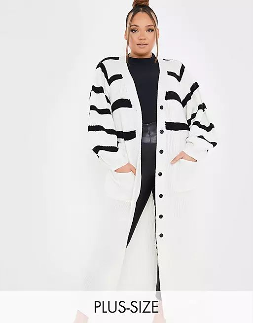 In The Style Plus x Lorna Luxe long line cardigan with contrast stripe in white | ASOS (Global)