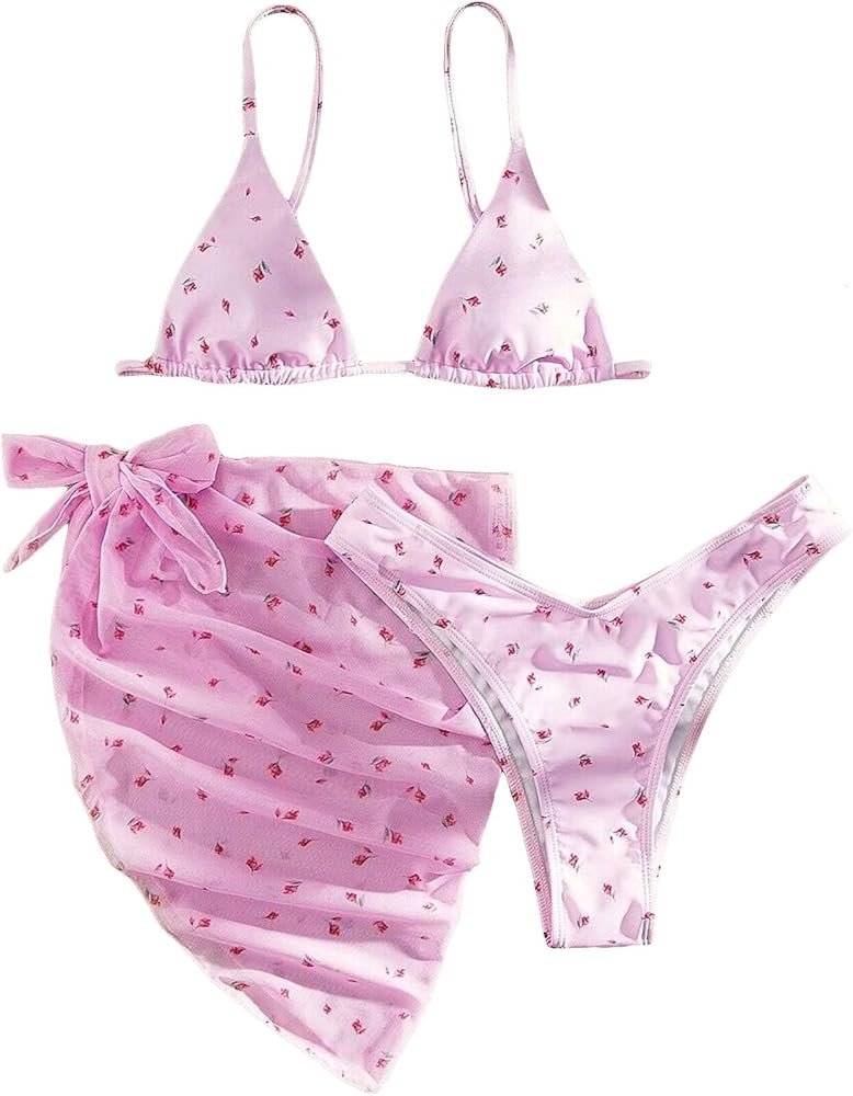 COZYEASE Traje de baño de 3 piezas para mujer, diseño floral, triángulo, cintura alta, bikini ... | Amazon (US)