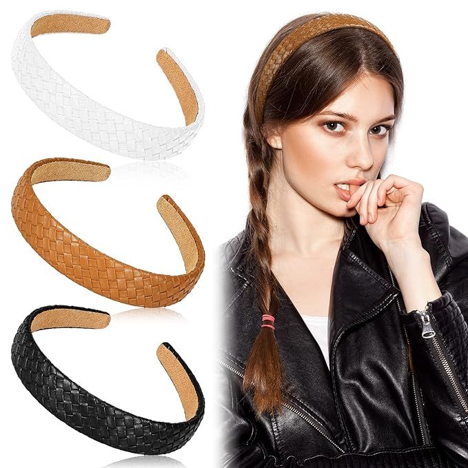 Leather Headbands for Women 3 Pieces Wide Checked Leather Headband Non Slip Padded Headbands Soli... | Amazon (US)