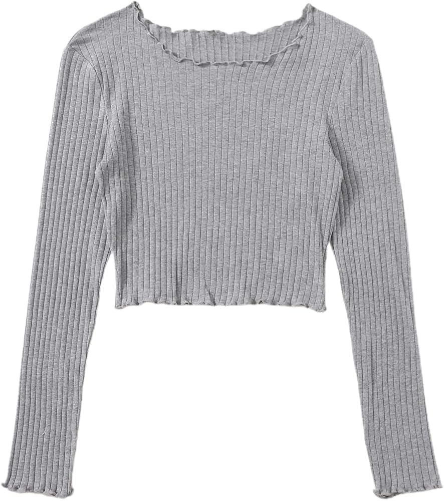 Floerns Women's Lettuce Trim Long Sleeve Rib Knit Crop Tops Tee Shirts Light Grey XS at Amazon Wo... | Amazon (US)