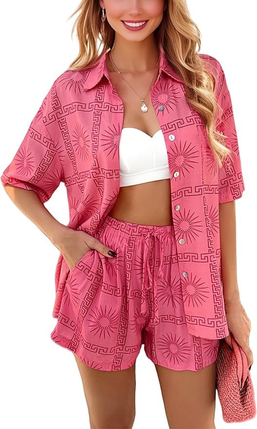 Womens 2 Piece Sets Lounge Sets Button Down Shirts Shorts with Pockets Summer Outfits | Amazon (US)