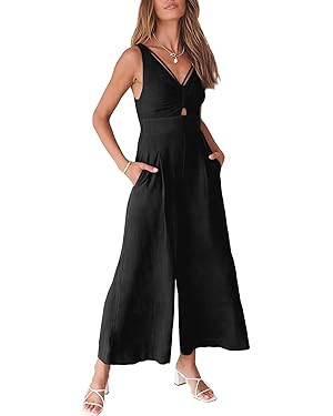 ANRABESS Women's Summer Wide Leg Linen Jumpsuits Dressy V Neck Sleeveless Casual Pants Rompers 20... | Amazon (US)