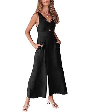ANRABESS Women's Summer Wide Leg Linen Jumpsuits Dressy V Neck Sleeveless Casual Pants Rompers 20... | Amazon (US)