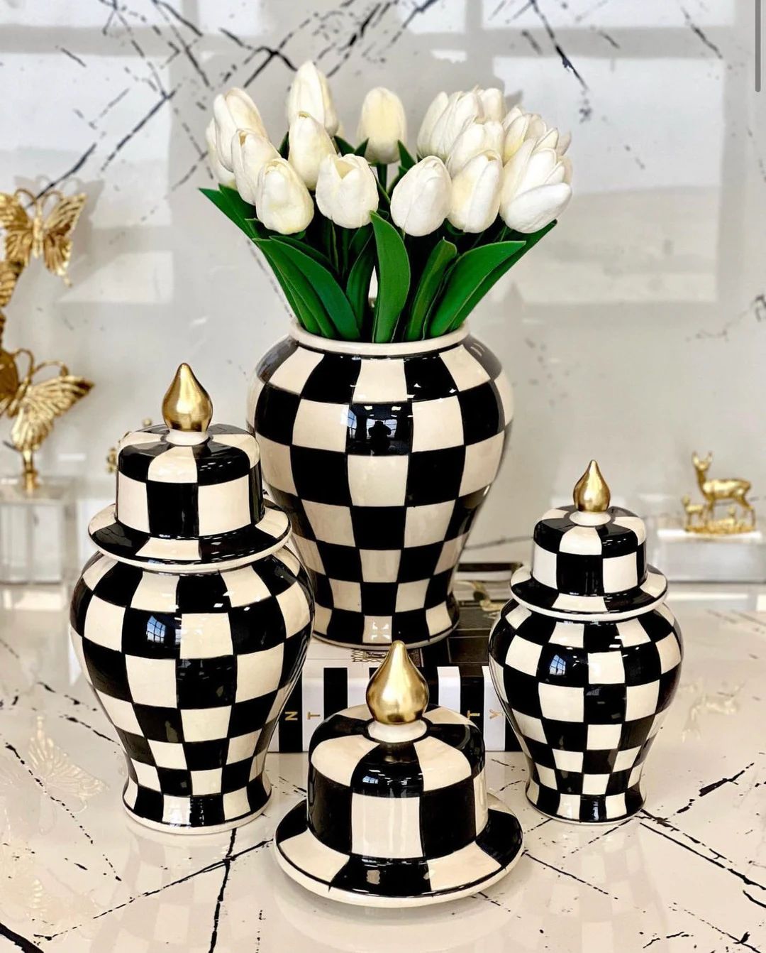 Check Pattern Ginger Jar, Black and White Ginger Jars, Triple Modern Vase, Handmade Ceramic Vase,... | Etsy (US)
