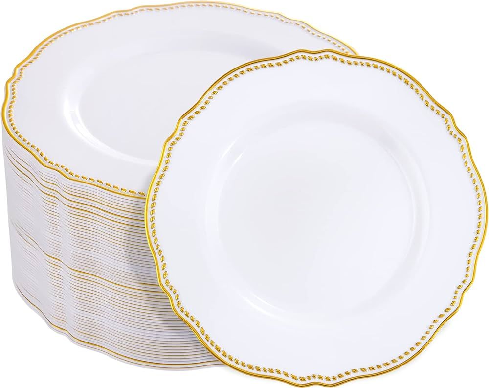 Hioasis 60pcs Gold Plastic Plates - White and Gold Trim Disposable Plates - 10.25 inch Gold Dispo... | Amazon (US)