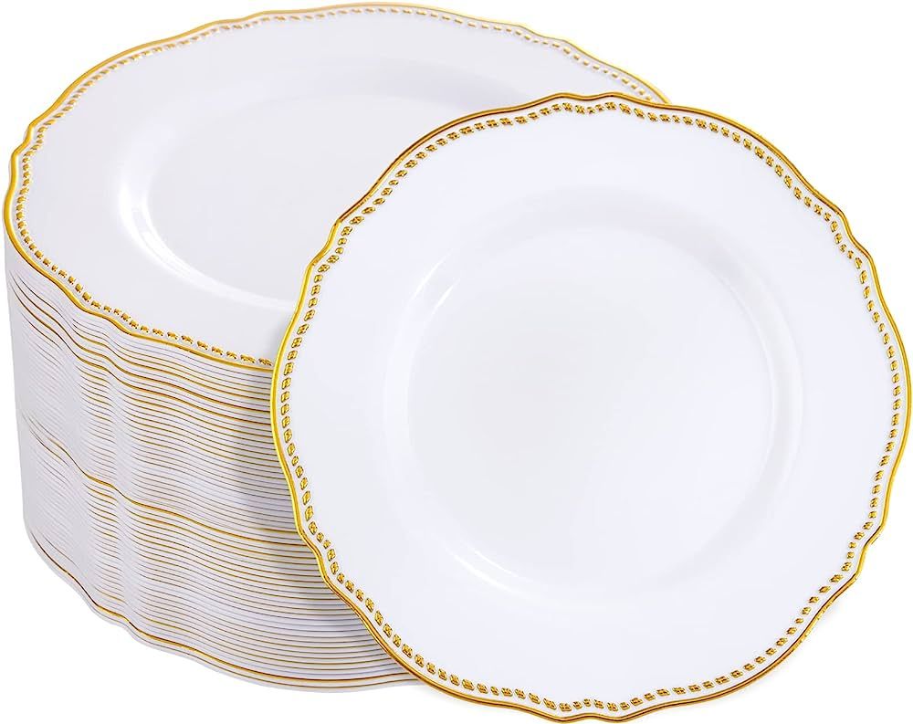 Hioasis 60pcs Gold Plastic Plates - White and Gold Trim Disposable Plates - 10.25 inch Gold Dispo... | Amazon (US)