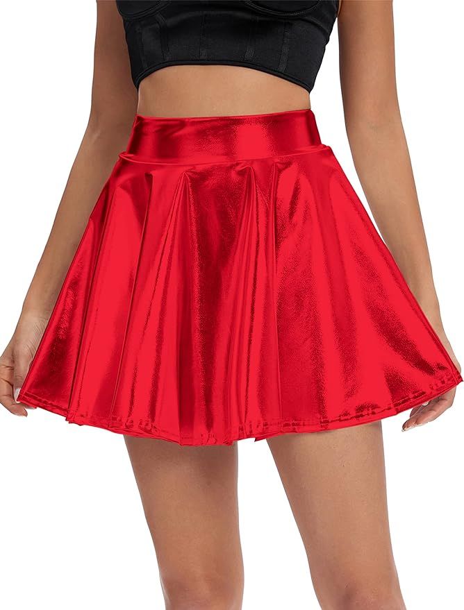 Urban CoCo Women's Shiny Flared Pleated Mini Skater Skirt | Amazon (US)