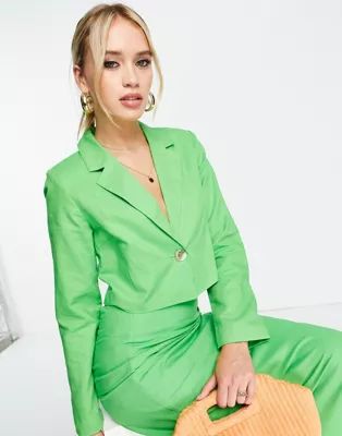 Y.A.S exclusive tailored cropped linen blazer in green | ASOS (Global)