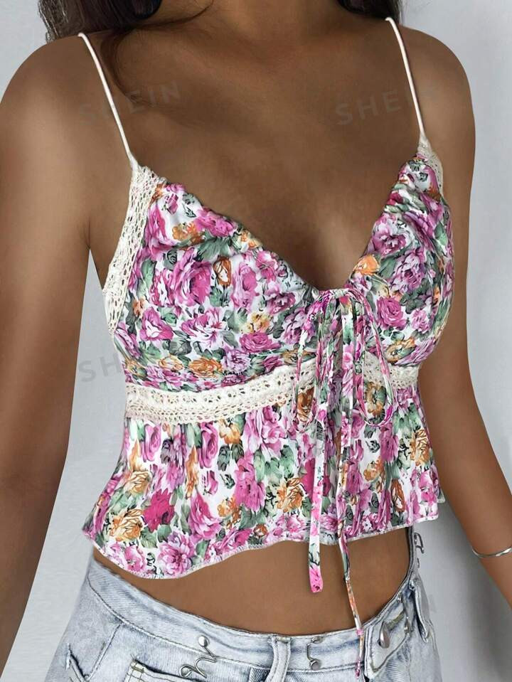 SHEIN MOD Women's Summer Ditsy Floral Tie Front Crop Top Camisole | SHEIN