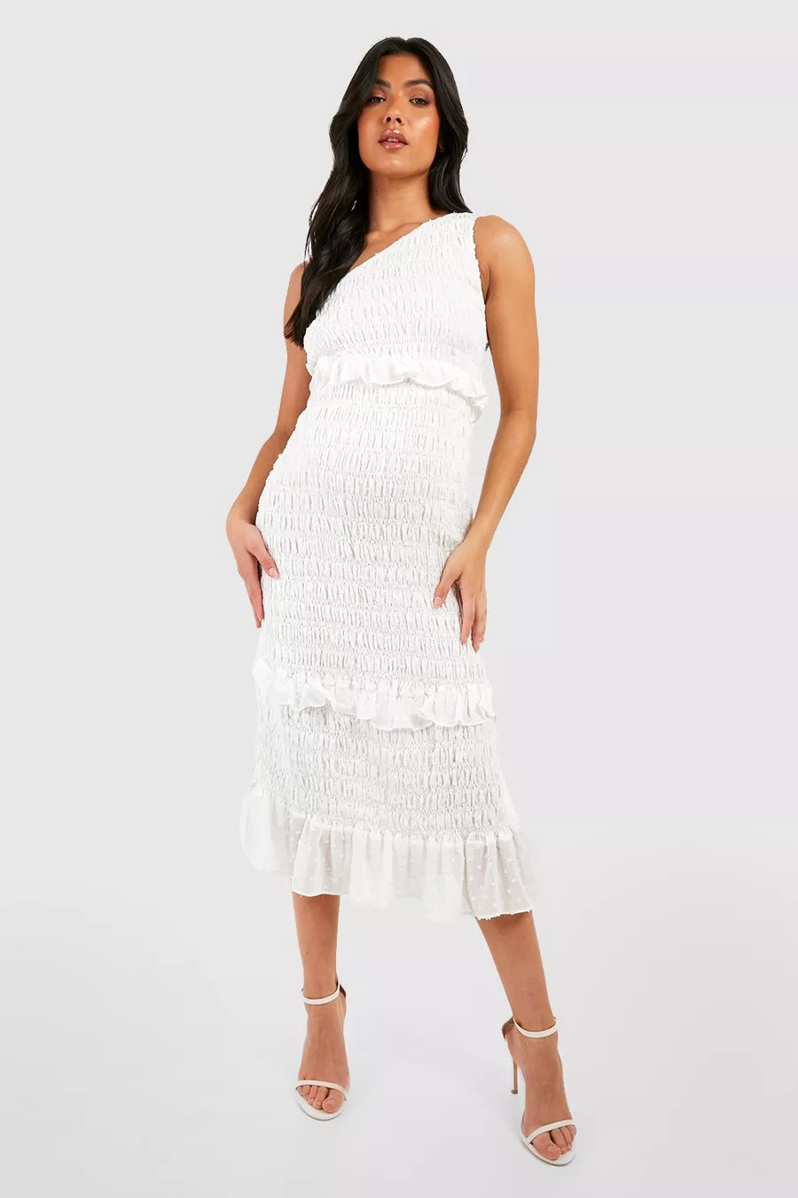 Maternity One Shoulder Dobby Mesh Frill Hem Dress | Boohoo.com (UK & IE)