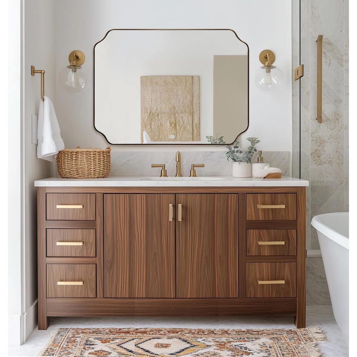 Modern Scalloped Corner Rectangle Bathroom Vanity Mirror | Stainless Steel Frame | Wayfair North America