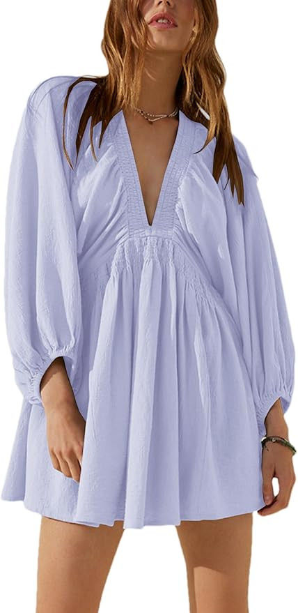 Women's Sexy Long Sleeve V Neck Tunic Dress Casual Loose Flowy Mini Swing Shift Dresses | Amazon (US)