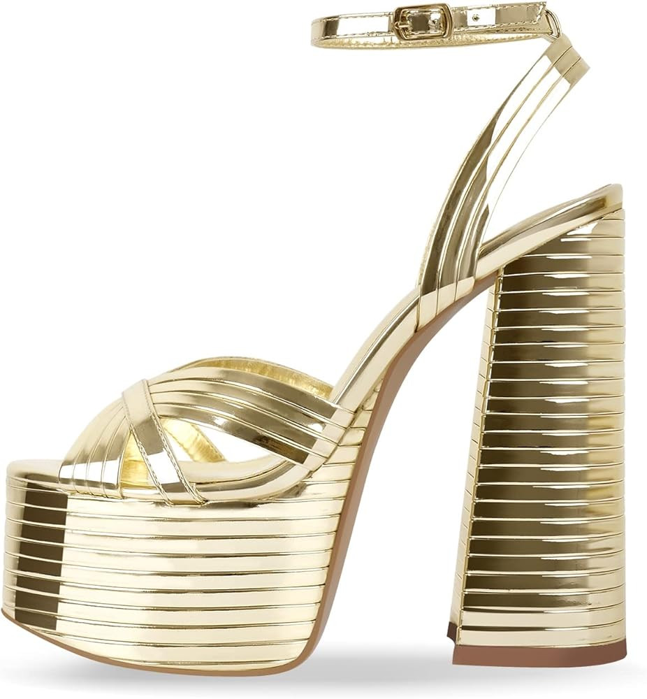 onlymaker Women's Platform Chunky Heel Sandals Peep Toe Ankle Strap Buckle Platform Metallic Wedd... | Amazon (US)