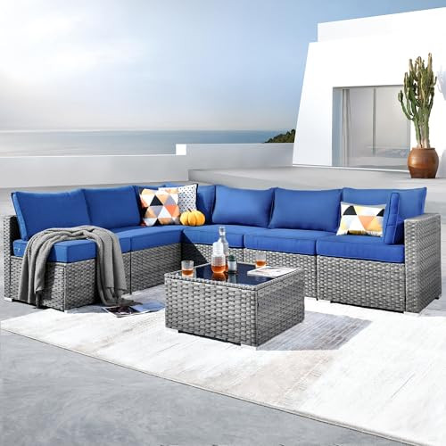 ovios Outdoor 7 Piece Coversation Set with Coffee Table,Sectional Patio Furniture Set with All-Weather Wicker Sofa,Modern Outside Couch for Balcony Backyard Pool, Navy Blue | Amazon (US)