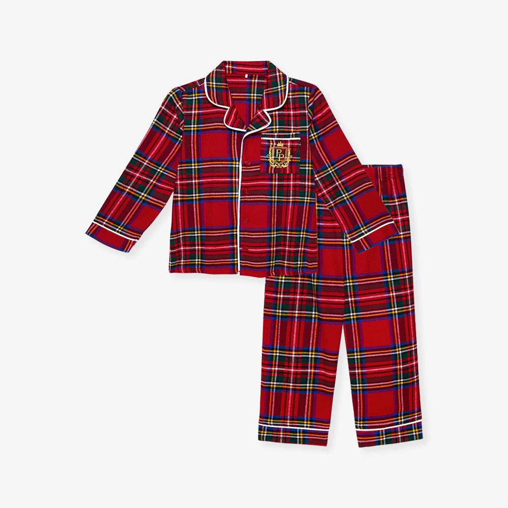 Plaid Red Flannelette Embroidered Pajamas | Red Tartan Plaid | Posh Peanut