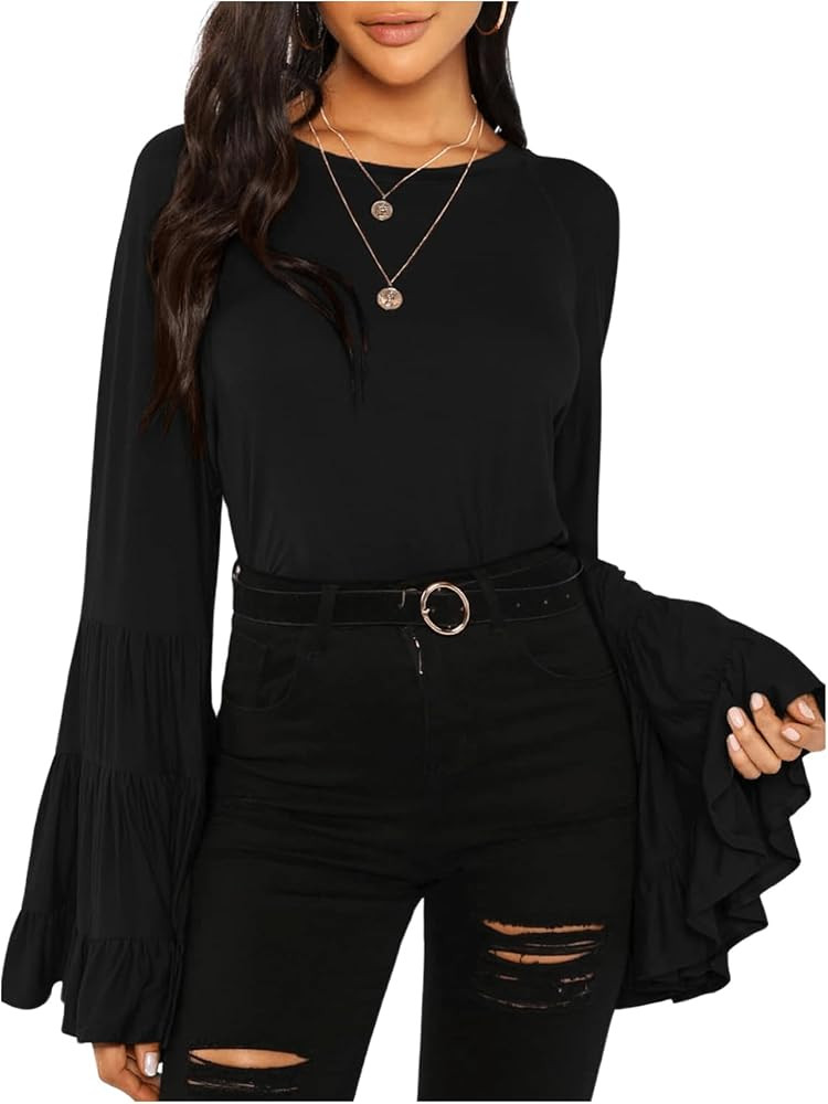 Floerns Women's 70s Western Flowy Bell Sleeve Blouse Tops Shirts | Amazon (US)