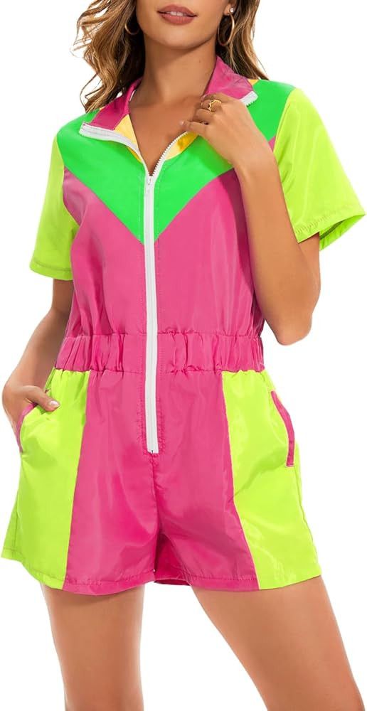 Yisfri Color Block One Piece Windbreaker Outfits for Women Neon Short Sleeve Zip Front Elastic Wa... | Amazon (US)